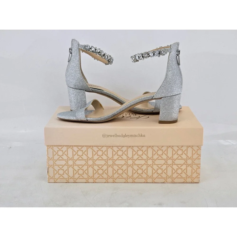 Jewel Badgley Mischka Catalina Heels Womens 8 Silver Glitter Crystal - NEW